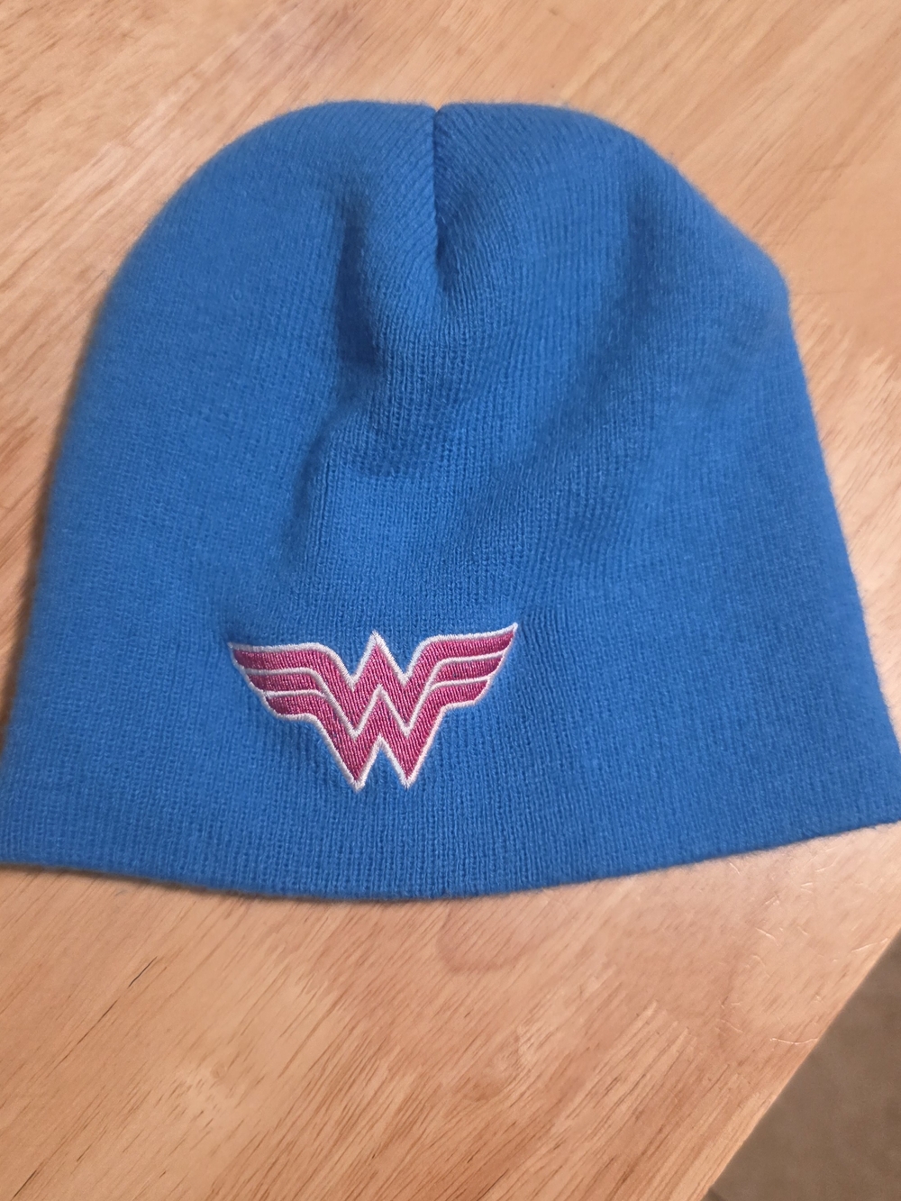Kids Blue Knit Beanie with Pink Wonder Woman Emblem